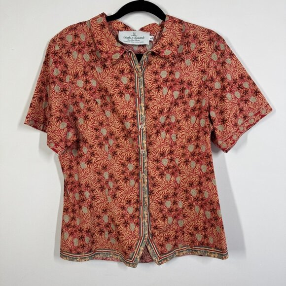 Vintage Suttles & Seawinds Red Beige Printed Floral Button Shirt Size L - Picture 2 of 16